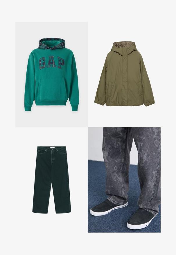 Olivegrüne Kapuzenjacke mit glatter Textur, Vordernahtdetails und zwei Seitentaschen. Weiche Fütterung und elastische Bündchen.; Grüne Kapuzenjacke mit karierter Kapuze, die ein großes "GAP"-Logo im karrierten Muster zeigt. Beinhaltet eine Vordertasche und gerippte Bündchen.; Dunkelgrüne weit geschnittene Jeans aus Denim mit Knopf- und Reißverschluss, Fronttaschen und Gürtelschlaufen, flach auf einem weißen Hintergrund ausgelegt.; Schwarze Slipper mit weißer Sohle, strukturiert, kombiniert mit grauen Jeans mit einem subtilen Muster, vor einem blauen Teppichhintergrund.