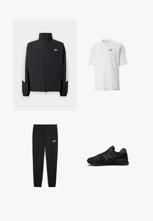 Musta takki, jossa on korkea kaulus, etuvetoketju ja harmaat yksityiskohdat hartioissa. Mukana elastiset hihansuut ja sivutaskut.; Valkoinen puuvillapaita, jossa on pyöreä kaula-aukko ja lyhyet hihat. Vasemmassa rinnassa on pieni musta Puma-logo. Mukava pinta, rento malli.; Mustat collegehousut pehmeästä kankaasta, joissa on joustava vyötärö, sivutaskut ja vasemmalla puolella valkoinen Puma-logo.; Mustat sneakerit, joissa on samettinen ja verkkomateriaali päällinen, paksu pohja ja näkyvä 'N' logo sivulla. Raikas rakenne, jossa on nauhakiristys.