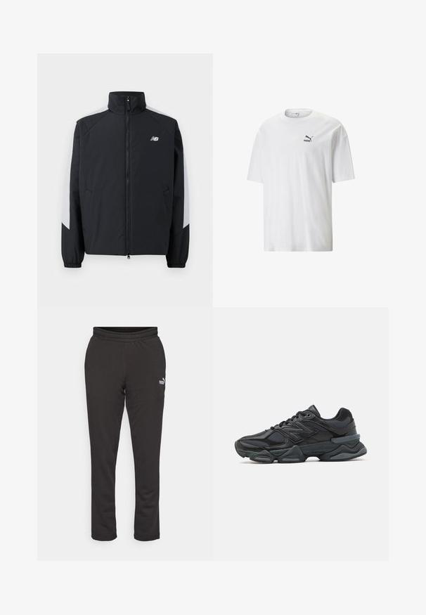 Fekete dzseki magas gallérral, elülső cipzárral és szürke részletekkel a vállakon. Rugalmas mandzsettákkal és oldalzsebekkel rendelkezik.; Fehér pamut póló kerek nyakkivágással és rövid ujjakkal. Bal mellrészen egy kis fekete Puma logóval. Sima textúra, laza fazon.; Fekete melegítőnadrág, puha anyagból, rugalmas derékkal és egy kis fehér logóval a bal lábon. Sima felület, laza illeszkedés.; Fekete futócipő, mely háló és szintetikus anyagok keverékéből készült, vastag talppal, ívelt kialakítással és hangsúlyos logóval az oldalon.