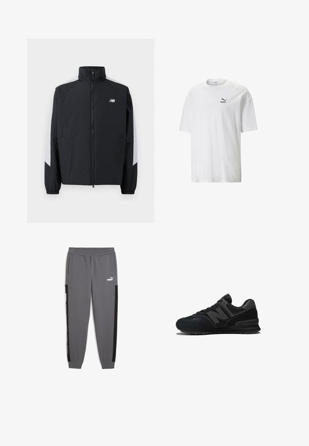 Veste noire avec un col montant, fermeture éclair à l'avant et accents gris sur les épaules. Elle possède des poignets élastiques et des poches latérales.; T-shirt en coton blanc avec un col rond et des manches courtes. Présente un petit logo noir de Puma sur la poitrine gauche. Texture lisse, coupe décontractée.; Pantalons de survêtement gris en tissu doux, avec des bandes latérales noires, une taille élastique et le logo Puma en blanc à l'avant.; Baskets noires avec un dessus en daim et en maille, semelle épaisse et logo 'N' bien en vue sur le côté. Design texturé avec fermeture à lacets.