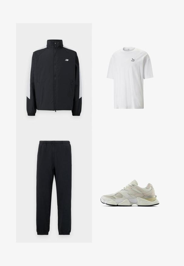 Black jacket with a high collar, front zipper, and gray accents on the shoulders. Features elastic cuffs and side pockets.; White cotton T-shirt with a round neckline and short sleeves. Features a small black Puma logo on the left chest. Smooth texture, casual fit.; Black sweatpants with an elastic waistband and tapered ankles; made from soft, stretchy fabric, featuring a minimalist design without patterns.; White sneaker with mesh and suede upper, rounded toe, and padded collar. Features reflective accents and a thick, textured sole.
