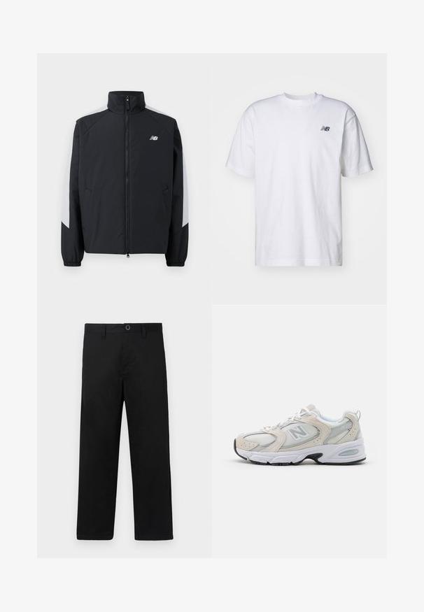 Svart jacka med hög krage, framdragkedja och grå detaljer på axlarna. Har elastiska manschetter och sidofickor.; Vit kortärmad T-shirt med rund halsringning och en liten svart New Balance-logotyp på vänster bröst, mot en enfärgad bakgrund.; Svarta bomullsbukser med rak passform, med standard midjeband, bälteshällor och en enkel knappstängning. Slät textur, utan mönster.; Idrottssko med en ljusgrå mesh-overdel och suede-accenter, vita snörning och en svart gummisula. Utmärkande ABZORB-dämpning.
