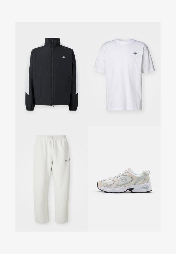 Černá bunda s vysokým límcem, předním zipem a šedými akcenty na ramenech. Obsahuje elastické manžety a boční kapsy.; Bílá krátká rukávová trička s kulatým výstřihem a malým černým logem New Balance na levém prsu na jednobarevném pozadí.; Světlé šedé tepláky vyrobené z měkké tkaniny, s elastickým pasem na šňůrku a malou logovou nášivkou na levém stehně.; Atletická obuv s lehkým šedým síťovaným svrškem s semišovými akcenty, bílými tkaničkami a černou gumovou podrážkou. Výrazným detailem je tlumení ABZORB.