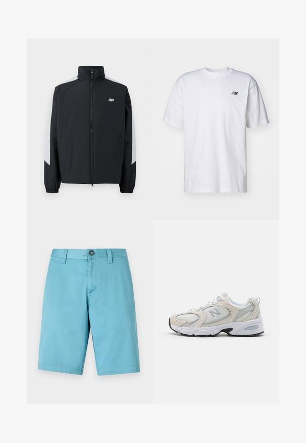 Mustalööm, millel on kõrge krae, esine lukuga ja hallid aktsendid õlgadel. Omab elastseid mansette ja küljetaskuid.; Valge lühikeste varrukatega t-särk ringkaelusega, mille vasakul rinnal on väike must New Balance'i logo, taust on ühtlane.; Heledad sinised lühikesed püksid, mis on valmistatud siledast kangast. Omavad nööbiga sulgemist ja vöörihmasid, sirge lõikega, mis ulatub põlveni.; Sportlik king, millel on helehall võrgust ülemine osa, sametised aktsendid, valged nöörid ja must kummist tald. Silmatorkav ABZORB pehmendusdetail.