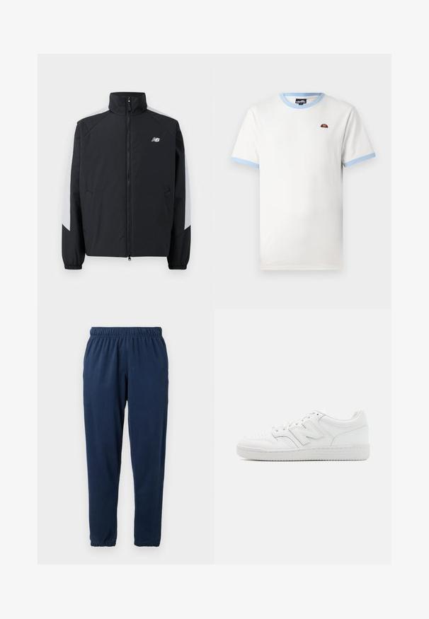 Black jacket with a high collar, front zipper, and gray accents on the shoulders. Features elastic cuffs and side pockets.; White cotton t-shirt with light blue ribbed collar and sleeve edges. Features a small red and orange logo on the chest. Classic fit.; Navy blue sweatpants made of soft fabric, featuring an elastic waistband and tapered legs with elastic cuffs. No visible patterns or accents.; White sneaker made of smooth leather, featuring perforated toe, a textured rubber sole, flat laces, and a prominent 'N' logo on the side.