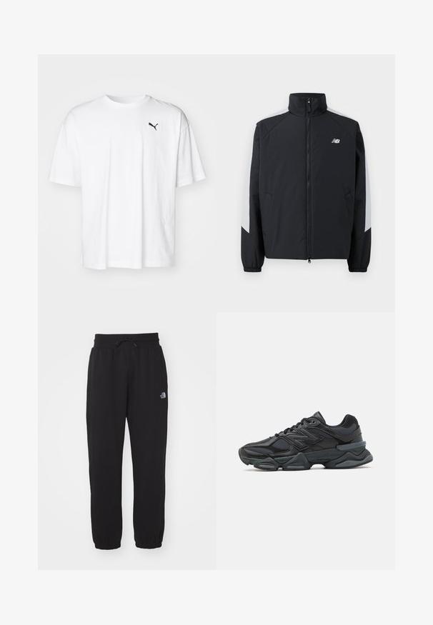 Čierna bunda s vysokým golierom, predným zipsom a šedými akcentmi na pleciach. Obsahuje elastické manžety a postranné vrecká.; Biela bavlnená tričko s okrúhlym výstrihom a krátkymi rukávmi. Obsahuje malé čierne logo Puma na ľavej hrudi. Mäkká textúra.; Čierne tepláky vyrobené z mäkkej látky, s elastickým pásom s šnúrkou, s manžetami na členkoch a malým logom na hornej strane stehna.; Čierna bežecká obuv so zmesou sieťoviny a syntetických materiálov, robustnou podrážkou, zakriveným dizajnom a výrazným logom na boku.