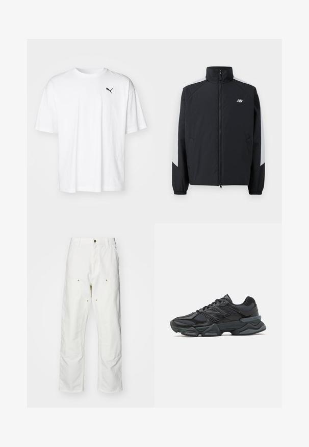 Czarna kurtka z wysokim kołnierzem, zamkiem błyskawicznym z przodu i szarymi akcentami na ramionach. Posiada elastyczne mankiety i boczne kieszenie.; Biała bawełniana koszulka z okrągłym dekoltem i krótkimi rękawami. Zawiera małe czarne logo Puma po lewej stronie klatki piersiowej. Miękka tekstura.; Białe bawełniane spodnie cargo o luźnym kroju. Cechy to przednie kieszenie, złote akcenty oraz wzmocnione części kolan.; Czarne buty biegowe z mieszanką siateczki i materiałów syntetycznych, masywną podeszwą, opływowym kształtem oraz wyraźnym brandingiem z boku.