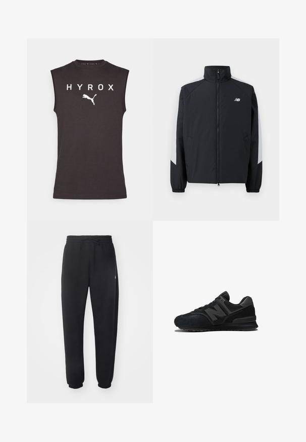 Black jacket with a high collar, front zipper, and gray accents on the shoulders. Features elastic cuffs and side pockets.; Black sleeveless athletic shirt made of cotton, featuring "HYROX" in white letters and a white Puma logo below the text.; Black sweatpants made of soft material with an elastic waistband, drawstring, and tapered cuffs, featuring a subtle logo on the side.; Black sneaker featuring a suede and mesh upper, thick sole, and prominent 'N' logo on the side. Textured design with lace closure.