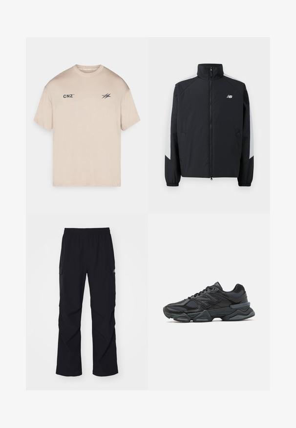 Sort jakke med høj krave, frontlynlås og grå detaljer på skuldrene. Har elastiske manchetter og sidelommer.; Beige kortærmet t-shirt lavet af blødt stof, med et lille "CNZ" logo og et grafisk element på fronten. Klassisk rund hals design.; Sorte cargo bukser lavet af let materiale, med elastisk talje, sidelommer og lige ben design.; Sorte løbesko med en blanding af mesh og syntetiske materialer, kraftig sål, buet design og fremtrædende branding på siden.