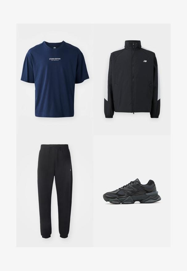 Mustalööm, millel on kõrge krae, esine lukuga ja hallid aktsendid õlgadel. Omab elastseid mansette ja küljetaskuid.; Tume sinine lühikeste varrukate ja puuvillane T-särk, millel on ümar kaelus ja ees valge tekst "STUDIO EDITION".; Mugavad mustad spordipüksid pehmest materjalist, elastse vöökoha, nööridega ja kitsenevate varrukatega, külgedel on diskreetne logo.; Mustad mustus jooksukeng, mis sisaldab segu võrgust ja sünteetilisest materjalist, jäme talla, kaarduv disain ja silmapaistev bränding külgedel.