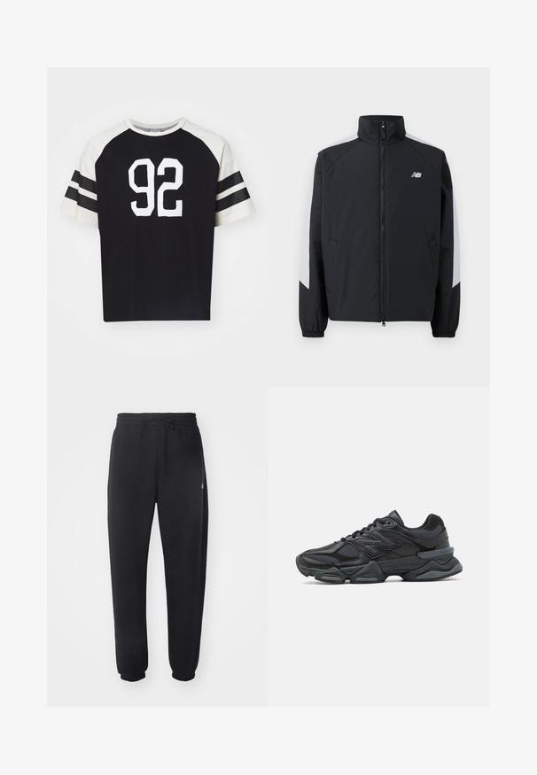 Černá bunda s vysokým límcem, předním zipem a šedými akcenty na ramenech. Obsahuje elastické manžety a boční kapsy.; Černé bavlněné tričko s bílým číslem 92 v přední části, raglánové krémové rukávy se černými pruhy. Klasický sportovní design, krátký rukáv.; Černé tepláky z měkkého materiálu s elastickým pasem, šňůrkou na stažení a zužujícími se manžetami, s jemným logem na boku.; Černá běžecká bota s kombinací síťoviny a syntetických materiálů, masivní podešev, zakřivený design a výrazné logo na boku.