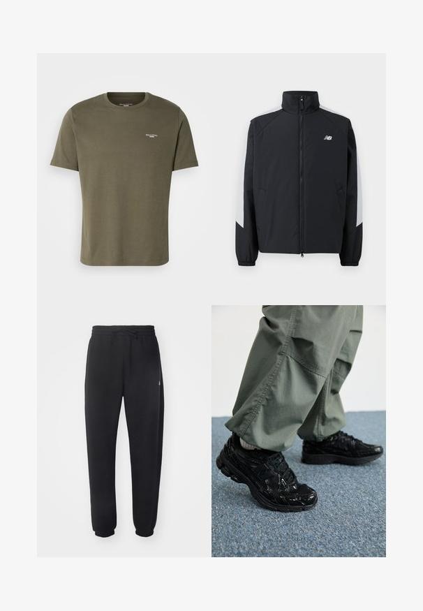 Black jacket with a high collar, front zipper, and gray accents on the shoulders. Features elastic cuffs and side pockets.; Olive green cotton t-shirt with short sleeves, crew neck, and small white logo on the chest. Smooth texture and casual fit.; Black sweatpants made of soft material with an elastic waistband, drawstring, and tapered cuffs, featuring a subtle logo on the side.; Black athletic sneakers with glossy and mesh textures, featuring a thick sole and laces, paired with loose olive-green cargo pants.