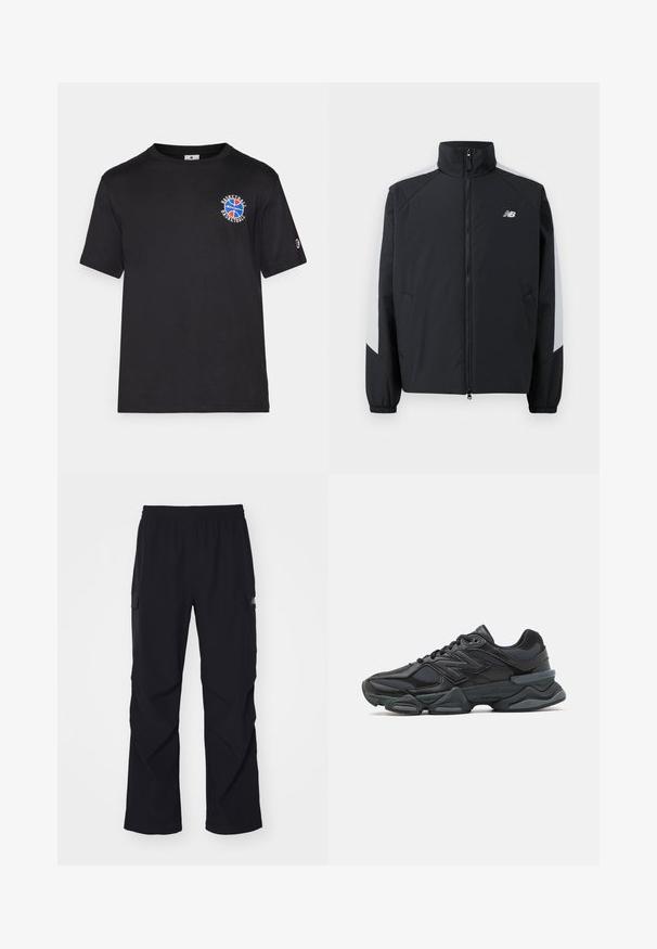 Schwarze Jacke mit hohem Kragen, vorderem Reißverschluss und grauen Akzenten auf den Schultern. Verfügt über elastische Bündchen und Seitentaschen.; Schwarzes Baumwoll-T-Shirt mit kurzen Ärmeln, das ein rundes Grafikdesign eines Basketballs in Rot, Blau und Weiß auf der Brust zeigt sowie ein kleines Logo am Ärmel.; Schwarze Cargo-Hosen aus leichtem Material, mit einem Elastikbund, seitlichen Taschen und einem geraden Beinschnitt.; Schwarzer Laufschuh mit einer Mischung aus Mesh- und sinthetischen Materialien, dicke Sohle, geschwungenes Design und auffälliger Markenkennzeichnung an der Seite.