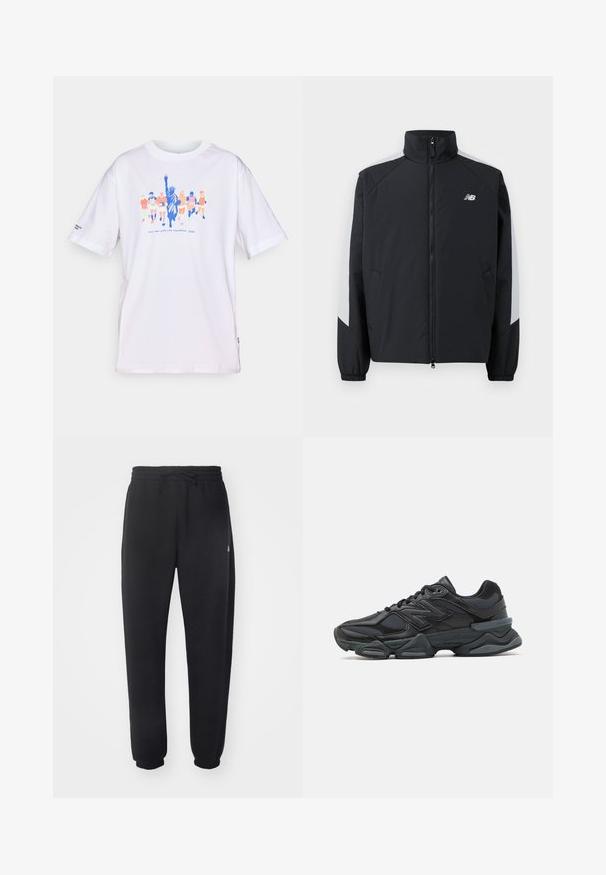 Svart jacka med hög krage, framdragkedja och grå detaljer på axlarna. Har elastiska manschetter och sidofickor.; Vitt T-shirt med färgglada löpare och en grafik av Frihetsgudinnan med texten "tcs New York City Marathon 2025" framtill.; Svarta sweatpants gjorda av mjukt material med elastisk midja, snörning och smalnande mudd, med en subtil logotyp på sidan.; Svart löparsko med en kombination av mesh och syntetiska material, kraftig sula, rundad design och framträdande varumärkning på sidan.