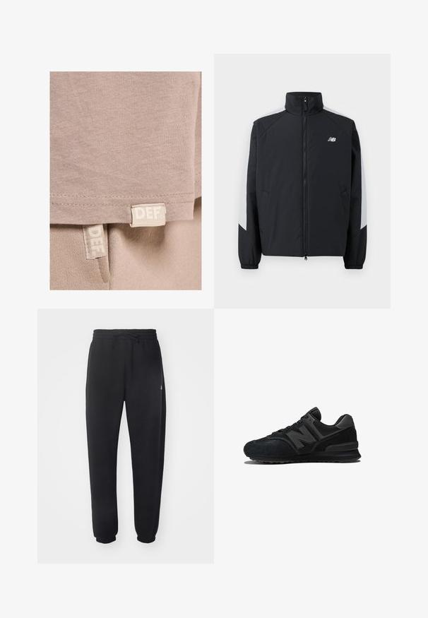 Black jacket with a high collar, front zipper, and gray accents on the shoulders. Features elastic cuffs and side pockets.; Beige cotton t-shirt with a soft texture, featuring a straight hem and two visible labels stitched at the bottom, marked "DEF."; Black sweatpants made of soft material with an elastic waistband, drawstring, and tapered cuffs, featuring a subtle logo on the side.; Black sneaker featuring a suede and mesh upper, thick sole, and prominent 'N' logo on the side. Textured design with lace closure.
