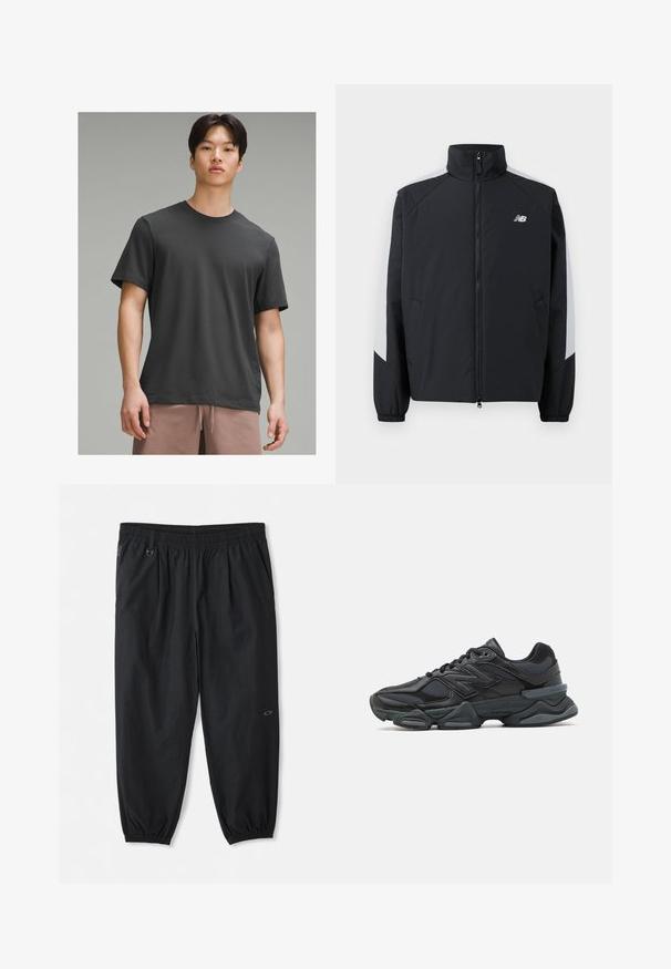 Černá bunda s vysokým límcem, předním zipem a šedými akcenty na ramenech. Obsahuje elastické manžety a boční kapsy.; Tmavě šedé tričko s krátkým rukávem a kulatým výstřihem, vyrobené z měkké tkaniny. Má volný střih a hladkou strukturu.; Černé volné kalhoty s elastickým pasem, bočními kapsami, elastickými manžetami u kotníků a malým logem na pravém stehně.; Černá běžecká bota s kombinací síťoviny a syntetických materiálů, masivní podešev, zakřivený design a výrazné logo na boku.