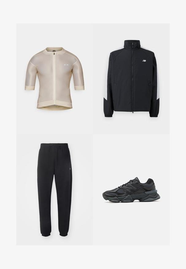 Melna jaka ar augstu apkakli, priekšējo rāvējslēdzēju un pelēkiem akcentiem uz pleciem. Aprīkota ar elastīgiem piedurknēm un sānu kabatām.; Beige īsās piedurknes riteņbraukšanas jersey ar priekšējo rāvējslēdzēju, acs tekstūru un mazu balto logo kreisajā krūtī.; Melni sporta bikses no mīksta materiāla ar elastīgu jostu, aukliņu un sašaurinātiem piedurknēm, ar smalku logo sānos.; Melna skriešanas apavi ar jauktu acu audumu un sintētiskiem materiāliem, masīvu zoli, izliekta dizaina elementiem un izteiktu zīmola logotipu uz sāniem.
