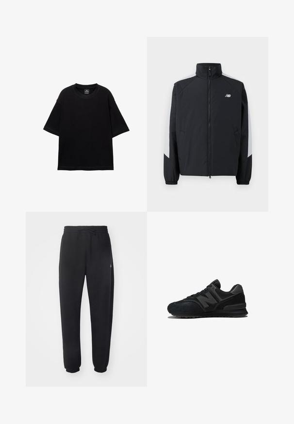 Giacca nera con colletto alto, zip frontale e accenti grigi sulle spalle. Caratterizzata da polsini elastici e tasche laterali.; T-shirt nero a maniche corte in cotone, con scollatura rotonda e vestibilità comoda. Texture liscia con dettagli di cucitura minimi.; Pantaloni della tuta neri realizzati in materiale morbido con vita elastica, coulisse e polsini aderenti, caratterizzati da un logo sottile sul lato.; Sneaker nera con parte superiore in camoscio e rete, suola spessa e logo 'N' prominente di lato. Design testurizzato con chiusura a lacci.