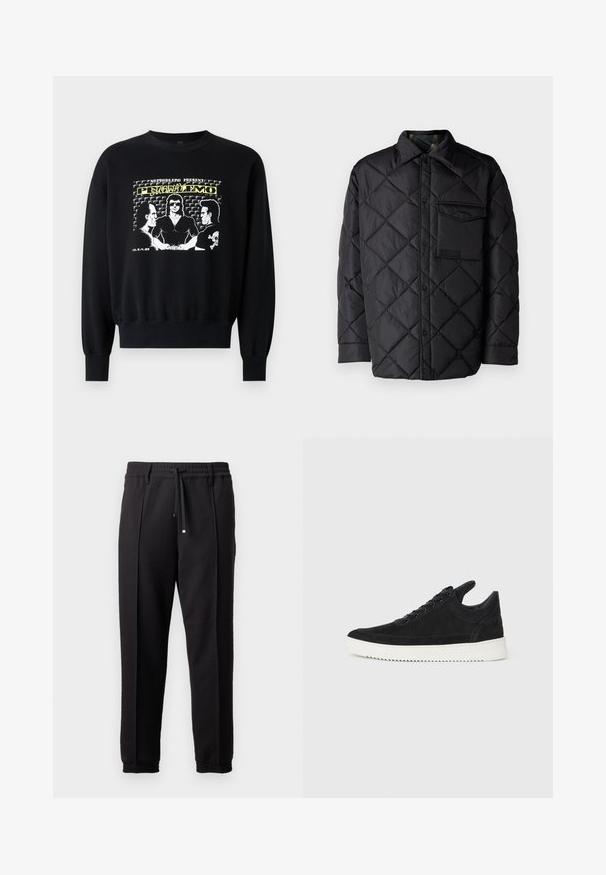 Black quilted jacket with diamond pattern, long sleeves, a collar, and a chest pocket. Smooth texture and snap-button closure.; Black sweatshirt with long sleeves and ribbed cuffs. Front graphic features three figures in a retro design with yellow and white text accents.; Black trousers with a waistband, drawstring, and elastic cuffs. Features pleats and a smooth, textured fabric.; Black suede sneaker with a white rubber sole, featuring tonal stitching and lace-up design. Smooth texture with a modern, streamlined shape.