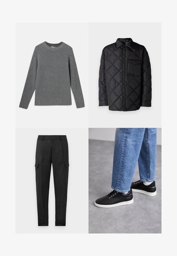 Chaqueta acolchada negra con patrón de diamante, mangas largas, un cuello y un bolsillo en el pecho. Textura suave y cierre de botón a presión.; Suéter gris de canalé con mangas largas, cuello redondo y tejido texturizado. Presenta dobladillos de canalé en los puños y en la parte inferior.; Pantalones cargo negros con una cintura elástica, pierna ajustada, bolsillos laterales y un solo bolsillo cargo en el muslo izquierdo. Textura suave.; Zapatillas de cuero negras con suelas de goma blancas, con cordones redondos, superficie suave y un discreto logo en el talón. Combinadas con jeans azules.