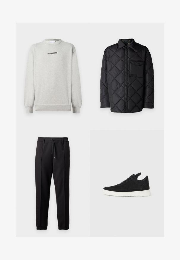 Črna prešita jakna z diamantom, dolgi rokavi, ovratnik in žep na prsih. Gladka tekstura in zapiranje na sponko.; Svetra s dolgimi rokavi svetlo sive barve, s prirezanim robom in manšetami, s črnim besedilom "J.LINDEBERG" v središču na prsih.; Črne hlače z pasom, vrvico in elastičnimi manšeti. Imajo nabore in gladko teksturirano blago.; Črne semiš športne copate z belo gumijasto podplatom, ki imajo toneče šive in vezalni dizajn. Gladka tekstura z modernim, poenoteno oblikovano silhueto.