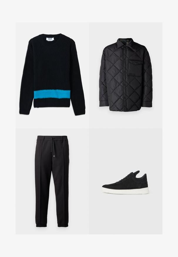 Chaqueta acolchada negra con patrón de diamante, mangas largas, un cuello y un bolsillo en el pecho. Textura suave y cierre de botón a presión.; Suéter negro de punto con textura acanalada, que presenta una franja horizontal turquesa en la parte inferior. Cuello redondo clásico y mangas largas.; Pantalones negros con cinturilla, cordón y puños elásticos. Presentan pliegues y una tela lisa y texturizada.; Zapatilla de ante negra con suela de goma blanca, que presenta costuras en el mismo tono y un diseño de cordones. Textura suave con una forma moderna y aerodinámica.