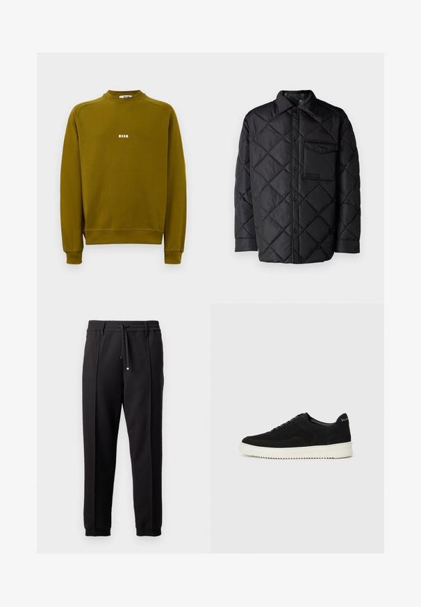 Melnā quiltota virsjaka ar dimanta rakstu, garām piedurknēm, apkakli un krūšu kabatu. Gluda tekstūra un spiedpogu aizdare.; Olīvu zaļš garām piedurknēm krekliņš ar apaļu izgriezumu un neliels balts "MSGM" logo centrā uz krūtīm.; Melni bikses ar jostu, staipāmu un elastīgām aprocēm. Ar krokām un gludu, teksturētu audumu.; Melnas zamšas kedas ar auklām un kontrastējošu baltu gumijas zoli. Iekļauj teksturētas sānu panēles un diskretu zīmolu uz papēža.