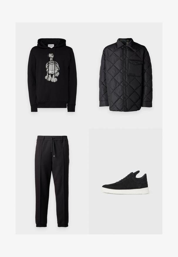 Svart quiltet jakke med diamantmønster, lange ermer, krage og brystlomme. Glatt tekstur og trykknapplukking.; Iceberg FELPA - Sweatshirt - nero; Sorte bukser med liv, snor og elastiske mansjetter. Har plisséer og et glatt, teksturert stoff.; Sorte semskede sneakers med hvit gummisåle, med tonale sømmer og snøring. Glatt tekstur med en moderne, strømlinjeformet form.