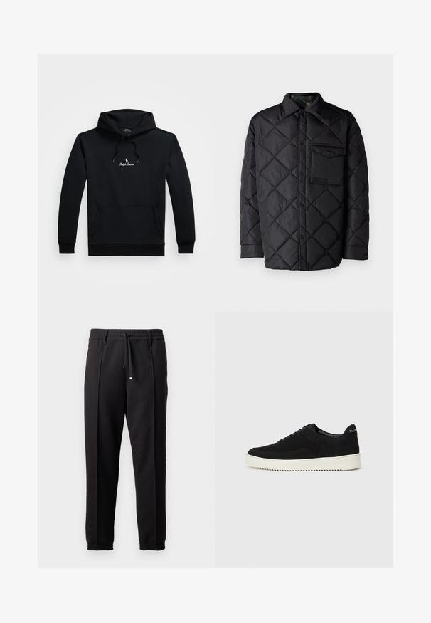 Jachetă neagră matlasată cu model în diamant, mâneci lungi, guler și un buzunar pe piept. Textură netedă și închidere cu capse.; Hanorac lung cu maneci negre, dotat cu buzunar frontal, glugă cu șnur și logo alb Ralph Lauren centrat pe piept.; Pantaloni negri cu un brâu, șnur și manșete elastice. Prezintă pliuri și un material neted, texturat.; Adidași negri din suede cu design cu șireturi și talpă din cauciuc alb contrastant. Prezintă panouri laterale texturate și branding subtil pe toc.