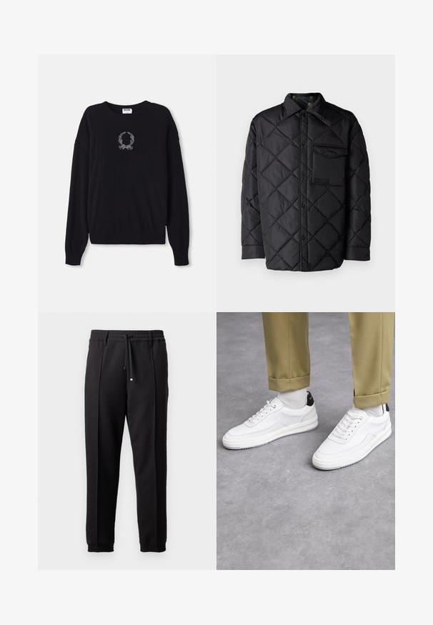Černá prošívaná bunda s diamantovým vzorem, dlouhými rukávy, límcem a náprsní kapsou. Hladká textura a zapínání na tlakové knoflíky.; Černý svetr s kulatým výstřihem, dlouhými rukávy a žebrovanými manžetami. Na přední straně je bílý vyšívaný design věnce a mašle.; Černé kalhoty s páskem, šňůrkou na stažení a elastickými manžetami. Obsahují sklady a hladkou, strukturovanou látku.; Bílé tenisky s texturovaným koženým povrchem, zaoblenou špičkou a černým akcentem na patě. Gumová podrážka s malým vzorem a šitými detaily.
