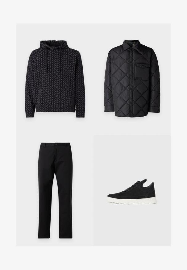 Svart quiltet jakke med diamantmønster, lange ermer, krage og brystlomme. Glatt tekstur og trykknapplukking.; Svarte hettegensere med et gjentakende grått logomønster, med snorhette og ribbede mansjetter og kant.; Svarte rette bukser med knapp- og glidelås-lukking, beltehemper og frontlommer, vist på hvit bakgrunn.; Sorte semskede sneakers med hvit gummisåle, med tonale sømmer og snøring. Glatt tekstur med en moderne, strømlinjeformet form.