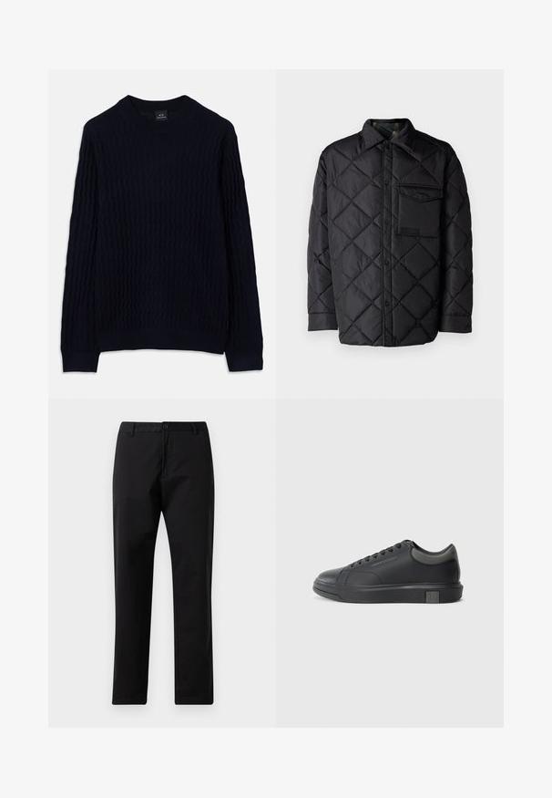 Black quilted jacket with diamond pattern, long sleeves, a collar, and a chest pocket. Smooth texture and snap-button closure.; Navy blue long-sleeve sweater with a textured wavy knit pattern and ribbed crew neckline, cuffs, and hem by Armani Exchange.; Black straight-leg trousers with button and zip closure, belt loops, and front pockets, displayed on white background.; Black leather sneaker with a smooth finish, rounded toe, and dark grey accents. Features lace-up design and textured rubber sole.