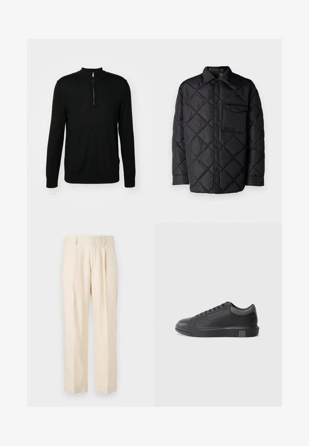 Svart quiltet jakke med diamantmønster, lange ermer, krage og brystlomme. Glatt tekstur og trykknapplukking.; Svart strikket genser med høy krage og halv-glidelås. Lange ermer og en tettsittende design, med en jevn tekstur og minimal detaljering.; NN.07 KAY - Bukse - off white; Sorte lærersneakers med en glat finish, rund tå og mørkegrå detaljer. Har snørebånd og en struktureret gummisål.