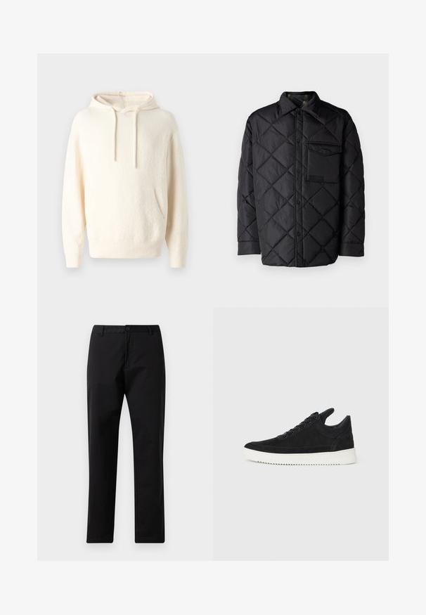 Schwarze gesteppte Jacke mit Diamantmuster, langen Ärmeln, Kragen und einer Brusttasche. Glatte Textur und Druckknopfverschluss.; Helle Kapuzenjacke aus weichem Material, mit einer Kängurutasche, gerippten Bündchen und einer strukturierten Oberfläche.; Schwarze Gerade Hosen mit Knopf- und Reißverschluss, Gürtelschlaufen und vorderen Taschen, auf weißem Hintergrund präsentiert.; Schwarze Wildleder-Sneaker mit einer weißen Gummisohle, die sich durch elegante Nähte und ein schnürbares Design auszeichnen. Glatte Textur mit einer modernen, stromlinienförmigen Form.