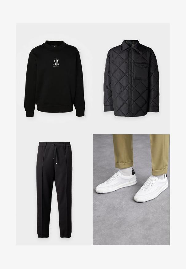 Giacca nera trapuntata con motivo a diamond, maniche lunghe, colletto e taschino sul petto. Texture liscia e chiusura con bottoni a pressione.; Felpa nera realizzata in morbido tessuto, con collo rotondo, polsini a costine e un logo bianco sul petto. Design semplice e senza decorazioni.; Pantaloni neri con cintura, cordoncino e polsini elasticizzati. Presentano pieghe e un tessuto liscio e strutturato.; Sneaker bianchi con finitura in pelle testurizzata, punta arrotondata e accentuazione nera sul tallone. Suola in gomma con piccolo motivo di battistrada e dettagli cuciti.