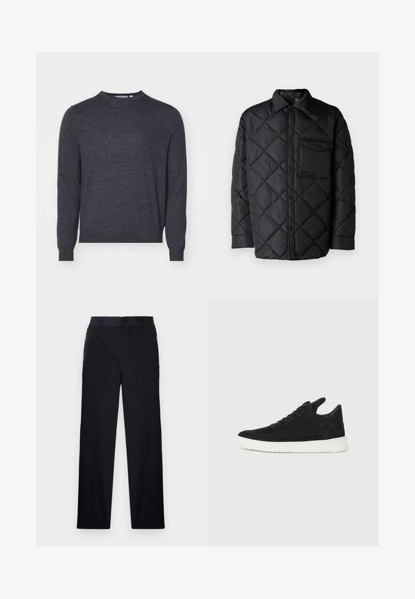 Schwarze gesteppte Jacke mit Diamantmuster, langen Ärmeln, Kragen und einer Brusttasche. Glatte Textur und Druckknopfverschluss.; Tiger of Sweden CONNOR - Strickpullover - grey street; Schwarze Hose aus leichtem, strukturiertem Stoff, mit geradem Bein, elastischem Bund und seitlichen Reißverschlusstaschen.; Schwarze Wildleder-Sneaker mit einer weißen Gummisohle, die sich durch elegante Nähte und ein schnürbares Design auszeichnen. Glatte Textur mit einer modernen, stromlinienförmigen Form.