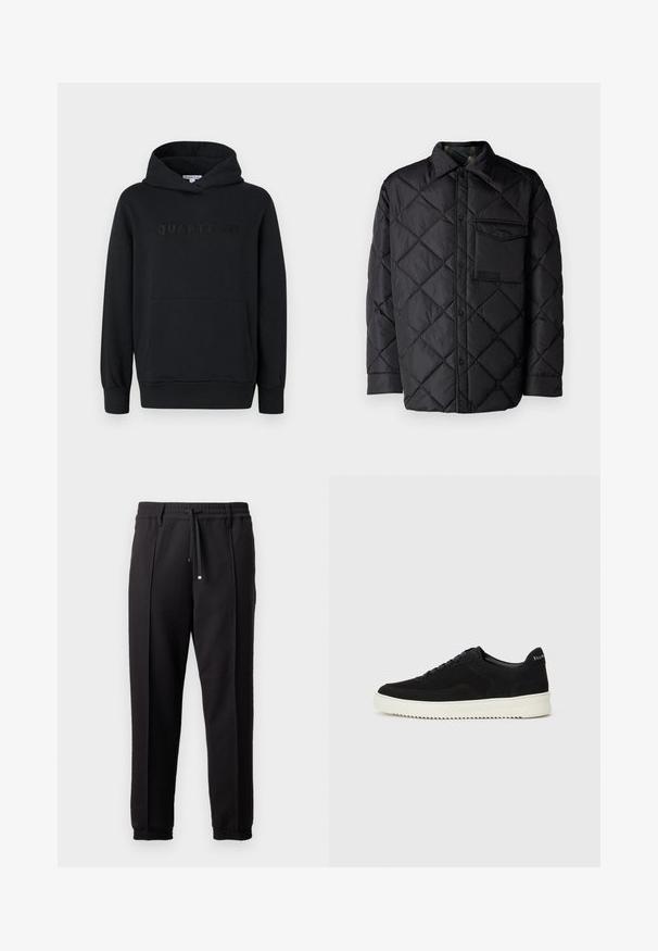 Svart quiltet jakke med diamantmønster, lange ermer, krage og brystlomme. Glatt tekstur og trykknapplukking.; Svart hettegenser, myk stoff, pullover-design, frontlomme i kenguru-stil, preget "QUARTZ CO"-logo på brystet, ribbede mansjetter og nederkant.; Sorte bukser med liv, snor og elastiske mansjetter. Har plisséer og et glatt, teksturert stoff.; Svart semsket sneakers med snøring og kontrasterende hvit gummisåle. Har teksturerte sidepaneler og subtil merkevare på hælen.