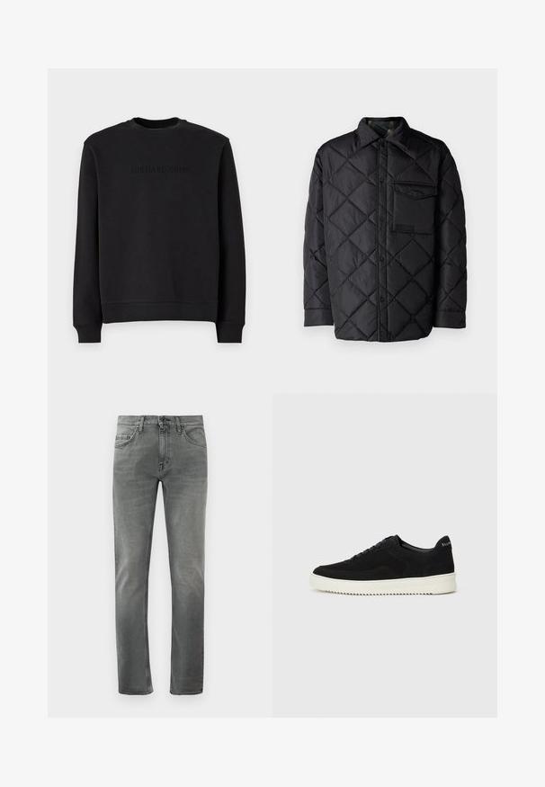 Crna jakna od prešane tkanine s dijamantnim uzorkom, dugim rukavima, ovratnikom i džepom na prsima. Glatka tekstura i zatvaranje na dugmad.; Crna trenirka napravljena od mekog materijala, sa okruglim izrezom, dugim rukavima i utisnutim logotipom "MICHAEL KORS" na prsima.; Sivi uski traperice slim fit s prednjim džepovima i zatvaranjem na dugme, prikazane na bijeloj pozadini.; Crne nubuk tenisice s vezanjem i kontrastnom bijelom gumenom potplatom. Imaju teksturirane bočne panele i suptilno brendiranje na peti.