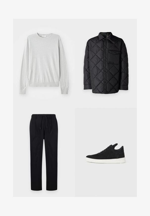 Czarna pikowana kurtka z diamentowym wzorem, długimi rękawami, kołnierzem i kieszenią na piersi. Gładka tekstura i zapięcie na napy.; Jasnoszary dziany sweter z długimi rękawami, okrągłym dekoltem oraz prążkowanymi mankietami i dołem. Wykonany z miękkiego, gładkiego materiału.; Czarne spodnie wykonane z gładkiego materiału, z elastycznym paskiem w talii, prostymi nogawkami oraz plisami z przodu, co nadaje im strukturalny wygląd.; Czarne zamszowe sneakersy z białą gumową podeszwą, z tonalnym przeszyciem i sznurowanym zapięciem. Gładka tekstura, nowoczesny, smukły kształt.