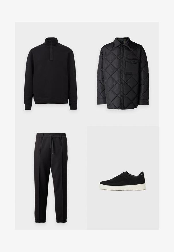 Černá prošívaná bunda s diamantovým vzorem, dlouhými rukávy, límcem a náprsní kapsou. Hladká textura a zapínání na tlakové knoflíky.; Černý dlouhý rukáv pulovr s vysokým límcem a krátkým zipem, s žebrovanými manžetami a dolním lemem, vystavený na jednobarevném světlém pozadí.; Černé kalhoty s páskem, šňůrkou na stažení a elastickými manžetami. Obsahují sklady a hladkou, strukturovanou látku.; Černé semišové tenisky s krajkovým designem a kontrastní bílou gumovou podrážkou. Obsahují texturované boční panely a jemné branding na patě.