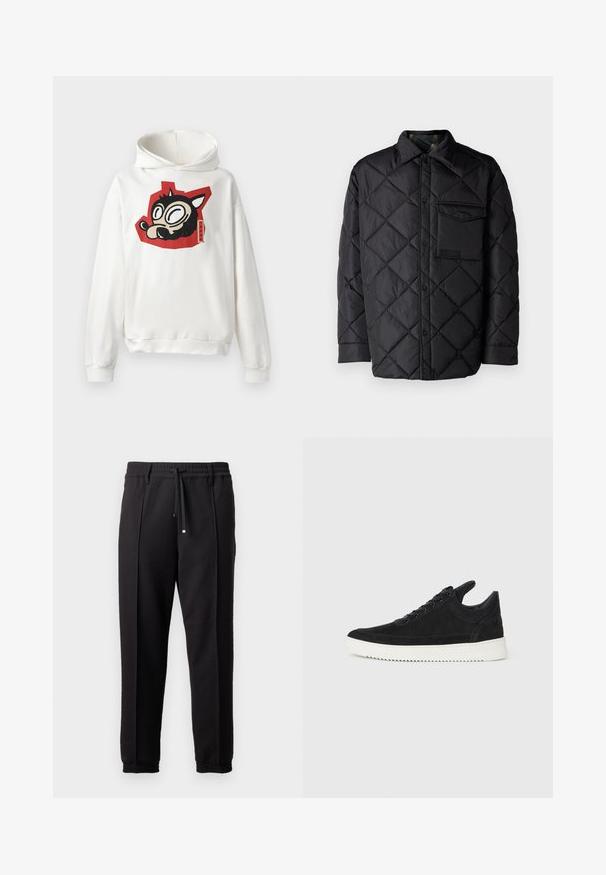 Black quilted jacket with diamond pattern, long sleeves, a collar, and a chest pocket. Smooth texture and snap-button closure.; White hooded sweatshirt featuring a black cartoon animal face graphic on a red background. Made of soft material with ribbed cuffs.; Black trousers with a waistband, drawstring, and elastic cuffs. Features pleats and a smooth, textured fabric.; Black suede sneaker with a white rubber sole, featuring tonal stitching and lace-up design. Smooth texture with a modern, streamlined shape.