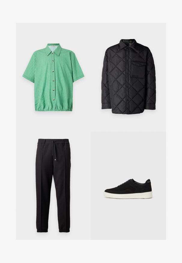 Črna prešita jakna z diamantom, dolgi rokavi, ovratnik in žep na prsih. Gladka tekstura in zapiranje na sponko.; Zelena majica s kratkimi rokavi in mrežastim vzorcem, z gumbi spredaj, ovratnikom in elastičnim spodnjim robom za sproščen oprijem.; Črne hlače z pasom, vrvico in elastičnimi manšeti. Imajo nabore in gladko teksturirano blago.; Črni semiš teniški copati z vezalkami in kontrastnim belim gumijastim podplatom. Imajo teksturirane stranske panele in subtilno oznako na peti.