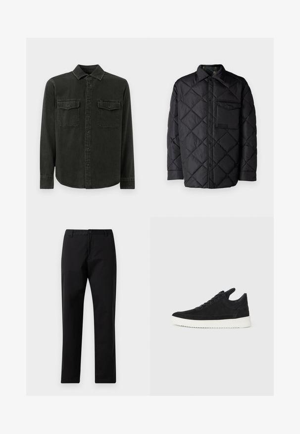 Black quilted jacket with diamond pattern, long sleeves, a collar, and a chest pocket. Smooth texture and snap-button closure.; Dark green button-up shirt made of soft fabric, featuring a collar, two chest pockets, long sleeves, and a straight hem.; Black straight-leg trousers with button and zip closure, belt loops, and front pockets, displayed on white background.; Black suede sneaker with a white rubber sole, featuring tonal stitching and lace-up design. Smooth texture with a modern, streamlined shape.