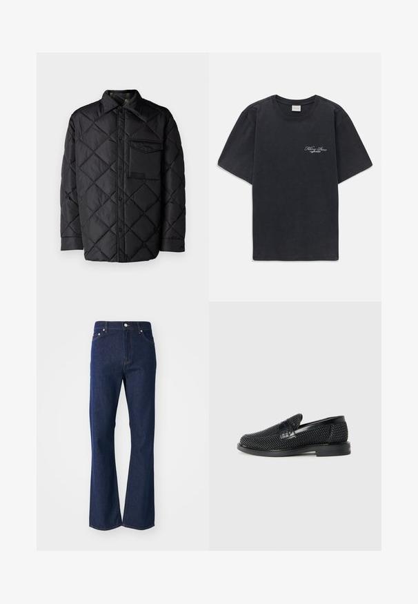 Juodas susiuvinėtas švarkas su deimanto raštu, ilgomis rankovėmis, apykakle ir krūtine kišenėle. Lygus paviršius ir užsegimas snapeliais.; Juodas trumpomis rankovėmis, apvaliu kaklu marškinėliai su mažu baltu "Filling Pieces" tekstiniu logotipu kairiajame krūtinės kampe.; Plačiai žinomų tamsiai mėlynų džinsų, pagamintų iš džinsinio audinio. Turintys penkis kišenes, užtrauktuką priekyje ir metalinį mygtuko uždarymą. Klasikinės siuvimo detalės.; Juodas pintas slip-on tipo batelis su lygiu odiniu akcentu viršuje, apvalios nosies dizainas ir žemas guminis padas.