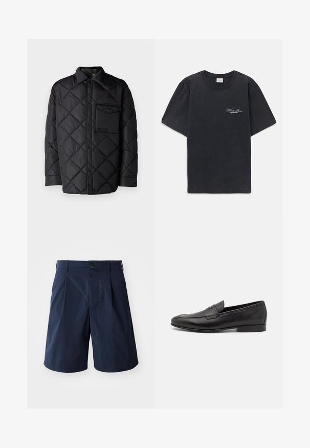 Veste noire matelassée avec motif en losange, manches longues, un col et une poche poitrine. Texture lisse et fermeture à boutons-pression.; T-shirt noir à manches courtes et col rond avec un petit logo « Filling Pieces » en blanc sur la poitrine gauche.; Shorts bleu marine en tissu léger, avec une fermeture à bouton, des poches sur les côtés et un design simple avec des plis à l'avant.; Mocassin pour homme en cuir noir avec un petit talon et un design classique à lanière penny, présenté en profil sur fond blanc.