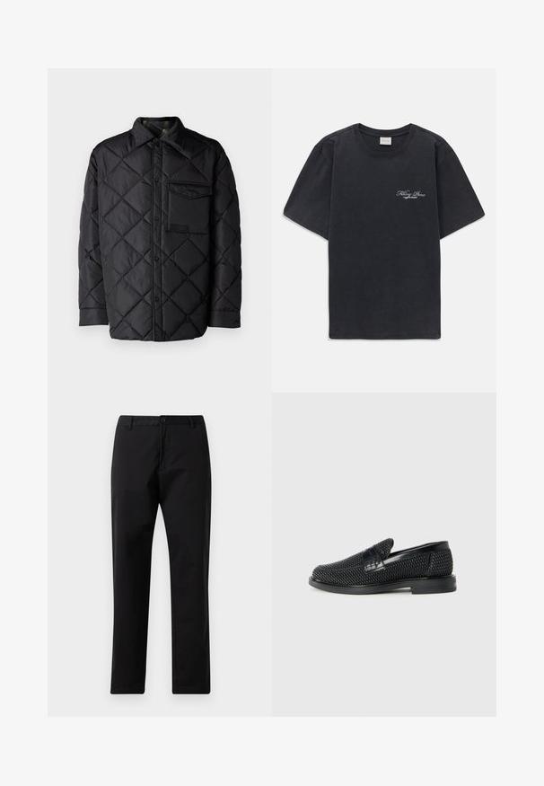 Černá prošívaná bunda s diamantovým vzorem, dlouhými rukávy, límcem a náprsní kapsou. Hladká textura a zapínání na tlakové knoflíky.; Černé tričko s krátkým rukávem a kulatým výstřihem s malým bílým logem "Filling Pieces" na levé hrudi.; Černé rovné kalhoty se zapínáním na knoflík a zip, s poutky na opasek a předními kapsami, vystavené na bílém pozadí.; Černé pletené nazouvací boty s hladkým koženým akcentem na svršku, kulatou špičkou a nízkoprofilovou gumovou podrážkou.
