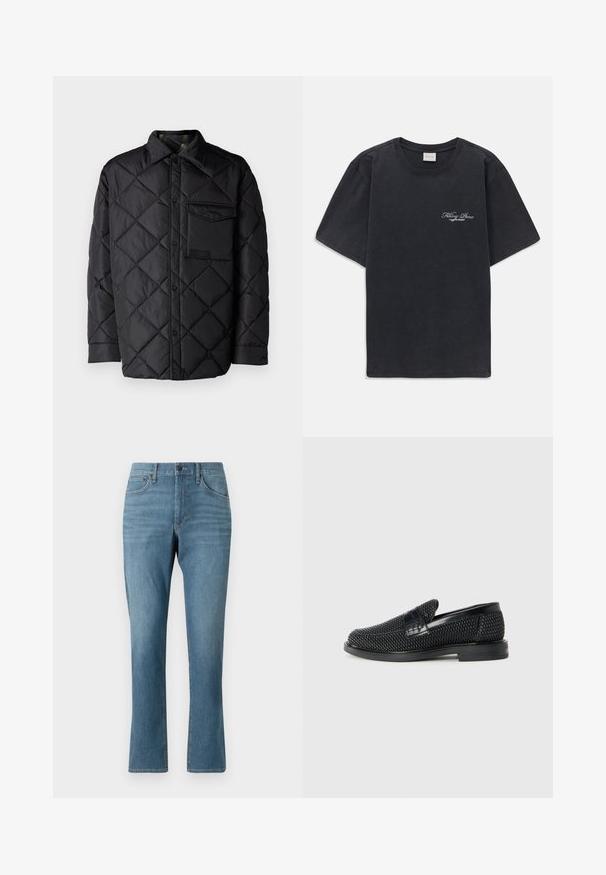 Veste noire matelassée avec motif en losange, manches longues, un col et une poche poitrine. Texture lisse et fermeture à boutons-pression.; T-shirt noir à manches courtes et col rond avec un petit logo « Filling Pieces » en blanc sur la poitrine gauche.; Jean en denim bleu clair avec une coupe droite, comprenant des poches avant et arrière, une fermeture éclair, et un léger délavage dans le tissu.; Chaussure slip-on tissée noire avec un accent en cuir lisse sur le dessus, un design à bout rond et une semelle en caoutchouc à profil bas.
