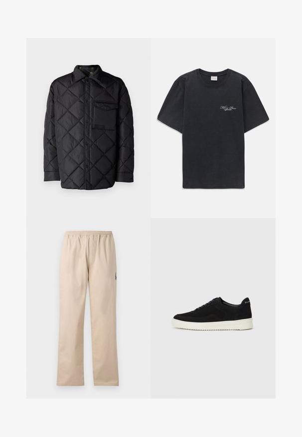 Crna jakna od prešane tkanine s dijamantnim uzorkom, dugim rukavima, ovratnikom i džepom na prsima. Glatka tekstura i zatvaranje na dugmad.; Crna majica kratkih rukava s okruglim izrezom s malim bijelim logotipom "Filling Pieces" na lijevoj strani prsnog koša.; Bež, lagane, tkane hlače s elastičnim pojasom. Imaju ravne nogavice i mali vezeni logo na strani.; Crne nubuk tenisice s vezanjem i kontrastnom bijelom gumenom potplatom. Imaju teksturirane bočne panele i suptilno brendiranje na peti.