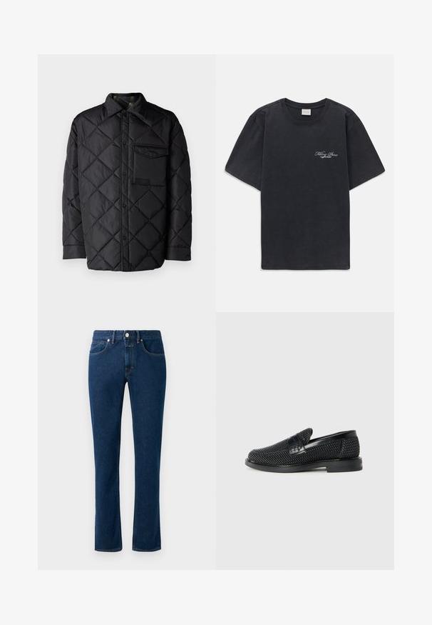 Black quilted jacket with diamond pattern, long sleeves, a collar, and a chest pocket. Smooth texture and snap-button closure.; Black short-sleeve crew neck t-shirt with small white "Filling Pieces" text logo on the left chest.; Dark blue denim jeans with a slim straight-leg design, classic five-pocket styling, and a button closure at the waistband.; Black woven slip-on shoe with a smooth leather accent on the upper, a round toe design, and a low-profile rubber sole.