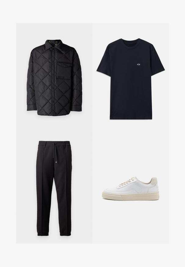Čierna prešívaná bunda s diamantovým vzorom, dlhé rukávy, golier a náprsné vrecko. Hladká textúra a zapínanie na patentky.; Námornícky modré bavlnené tričko s krátkymi rukávmi a okrúhlym výstrihom. Na ľavej strane hrudníka sa nachádza malé biele logo "A|X".; Čierne nohavice s pásom, šnúrkou na stiahnutie a elastickými manžetami. Obsahujú pútkové prešitia a hladkú, textúrovanú látku.; Biele tenisky s hladkým koženým zvrškom, béžovými šnúrkami a textúrovaným béžovým semišovým pätovým panelom. Zvýšená podrážka pre väčšiu výšku.
